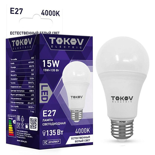 Лампа светодиодная 15Вт А60 4000К Е27 176-264В TOKOV ELECTRIC TKE-A60-E27-15-4K: фотография 1