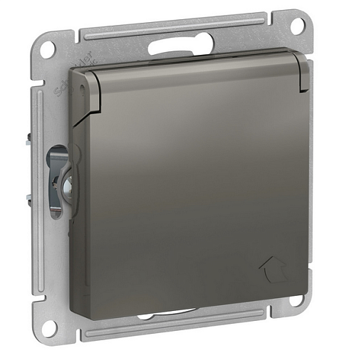 Механизм розетки 1-м СП ATLAS DESIGN с заземл. защ. шторки с крышкой 16А IP20 сталь SchE ATN000946: фотография 1