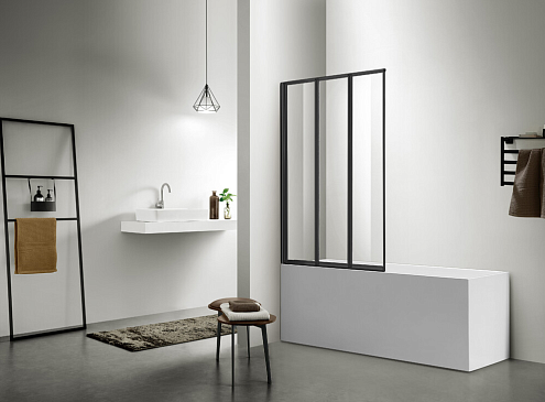 Шторка для ванны SANTREK AQUA Slim SD3-1000-С-Matt Black складная, три секции, 1000х1400 стекло прозрачное 4мм, профиль Черный: фотография 1