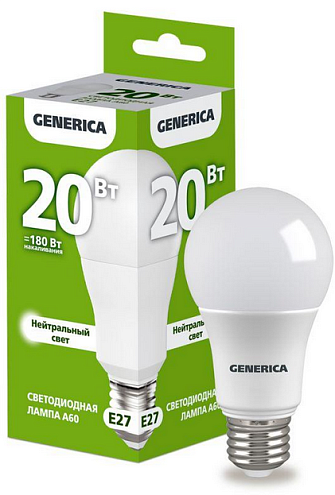 Лампа светодиодная LED A60 20Вт грушевидная 4000К белый E27 2000лм GENERICA : фотография 1