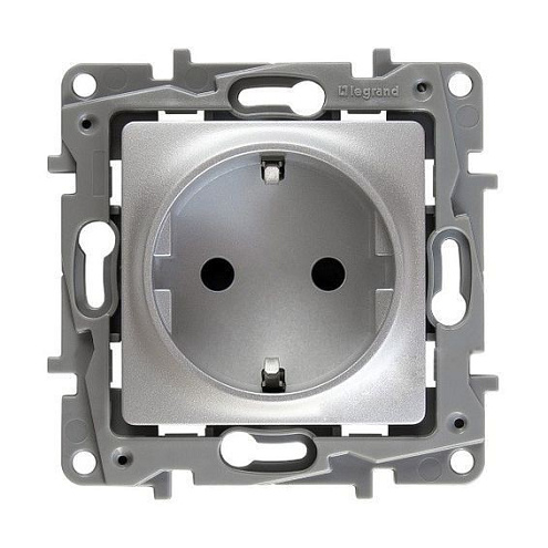 Механизм розетки 1-место СП Etika Plus защитные шторки с заземлением автоматические зажимы алюминий Leg 672431: фотография 1