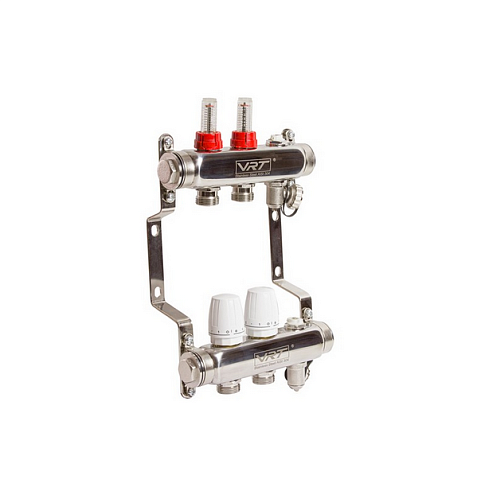 Коллекторная группа VRT 1&quot; х 3/4'' (евроконус) 2 выхода, автоматические воздухоотводчики, c расходомерами: фотография 1
