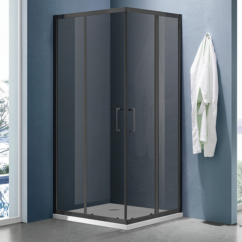 Душевое ограждение SANTREK AQUA Lea-CR-800-Т-Matt Black 800х800х1850 Г-образное, стекло Тонированное 5мм, профиль чёрный : фотография 1