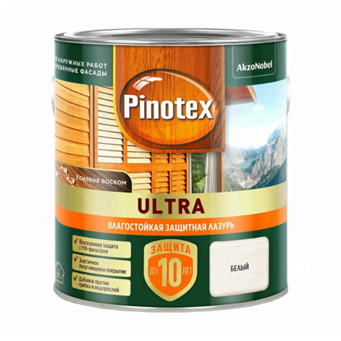 Влагостойкая лазурь с воском для дерева Pinotex Ultra Белый 2,5л: фотография 1