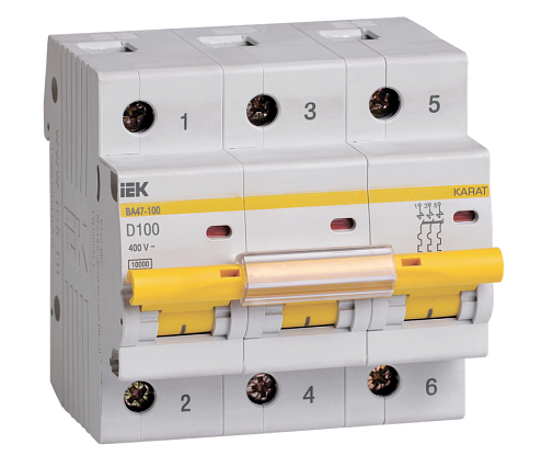 Выключатель автоматический модульный 3п D 100А 10кА ВА47-100 KARAT IEK MVA40-3-100-D: фотография 1