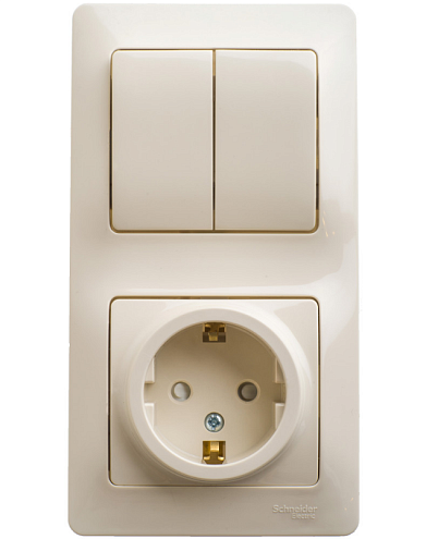 Блок комбинированный Glossa: розетка защитные шторки с заземлением+ 2-клавишный выключатель, бежевый Systeme Electric GSL000274: фотография 1