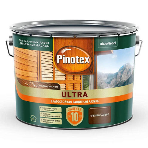Влагостойкая лазурь с воском для дерева Pinotex Ultra Ореховое дерево 9л: фотография 1