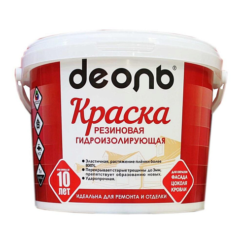 Краска РЕЗИНОВАЯ гидроизолирующая «ДЕОЛЬ» белая, эластичная, ударопрочная 9л: фотография 1