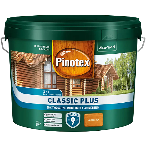 Пропитка-антисептик 3 в1 Pinotex Classic Plus акрил-алкидная, Лиственница, 9л: фотография 1
