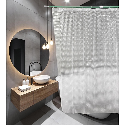 Занавеска-штора для ванн SANTREK HOME 180х180 PEVA 30002 с кольцами Прозрачный 3D П215: фотография 1