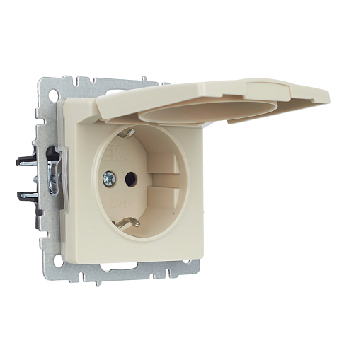 Розетка 1-местная Brite с заземлением с защитными шторками и крышкой 16А IP44 РСбш10-3-44-БрКр бежевый IEK BR-R16-16-44-K10: фотография 1