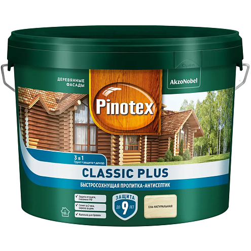 Пропитка-антисептик 3 в1 Pinotex Classic Plus акрил-алкидная, Ель натуральная, 9л : фотография 1