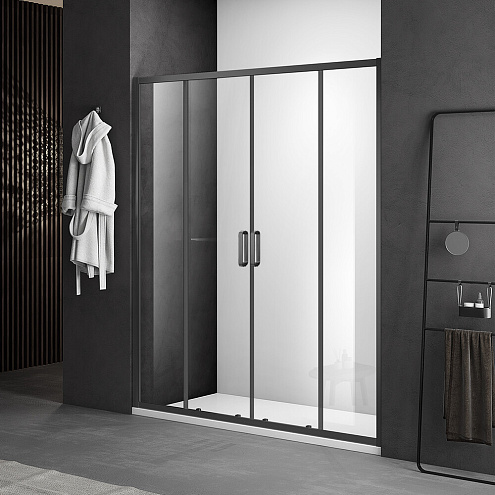 Душевое ограждение SANTREK AQUA Iris- DF-1500-C-Matt Black 1500х1850 прямое стекло прозрачное 6мм, профиль Чёрный: фотография 1