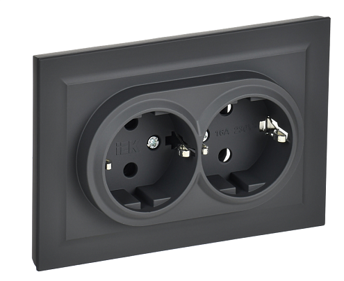 Розетка 2-местная BRITE РС12-3-БрГ с заземлением без защитных шторок 16А в сборе графит IEK BR-R21-16-K53-F: фотография 1