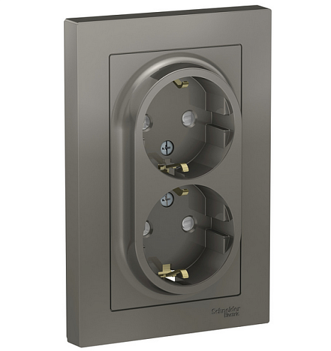 Розетка 2-м ATLAS DESIGN с заземл. защ. шторки 16А в сборе сталь SchE ATN000926: фотография 1
