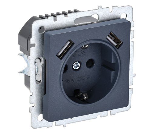 Розетка BRITE 1-местная с заземлением с защитными шторками 16А с USB A+A 5В 2,1А РЮш10-1-БрМ механизм маренго IEK BR-R14-16-U21-D21-K35: фотография 1