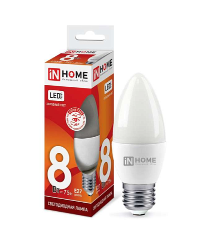 Лампа светодиодная LED-СВЕЧА-VC 8Вт 230В E27 6500К 720лм IN HOME 4690612024820: фотография 1
