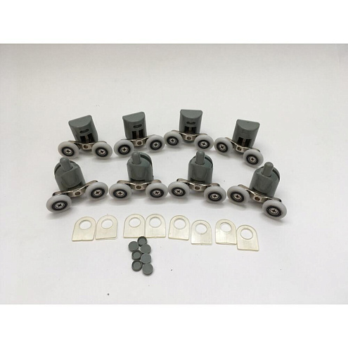 Комплект роликов для душевой кабины на 2 двери, 4 верхние (двойные, сменные) + 4 нижние 22 мм (двойные, с кнопкой): фотография 1