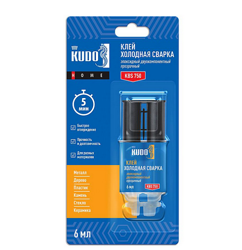 Клей KUDO эпоксидный 2х компонентный, прозрачный, 6мл: фотография 1