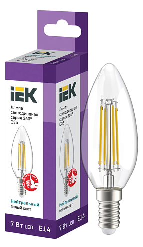 Лампа светодиодная C35 свеча прозрачная 7Вт 230В 4000К E14 серия 360° IEK LLF-C35-7-230-40-E14-CL: фотография 1