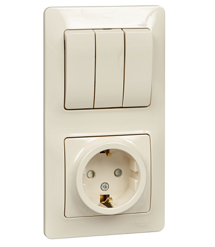 Блок комбинированный Glossa: розетка с заземлением защитные шторки + 3-клавишный выключатель, бежевый Systeme Electric GSL000278: фотография 1