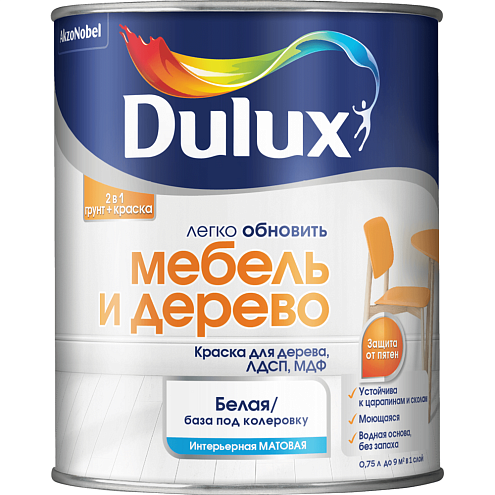 Краска 2в1 Dulux Мебель и Дерево 0,75л BW, матовая: фотография 1