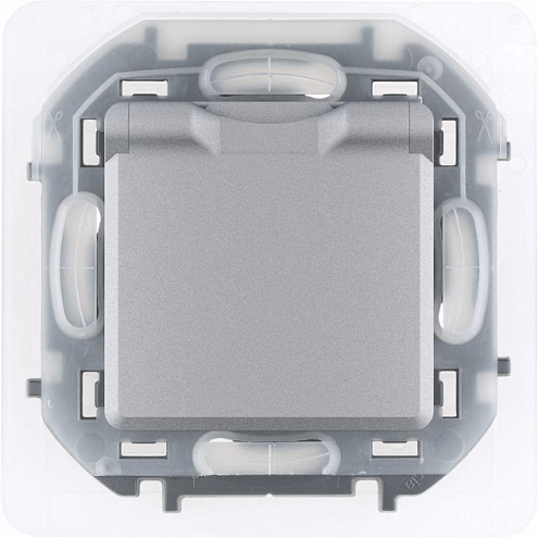 Механизм розетки 1-м СП Inspiria 16А IP44 250В 2P+E защ. шторки с крышкой немецк. стандарт алюм. Leg 673742: фотография 1