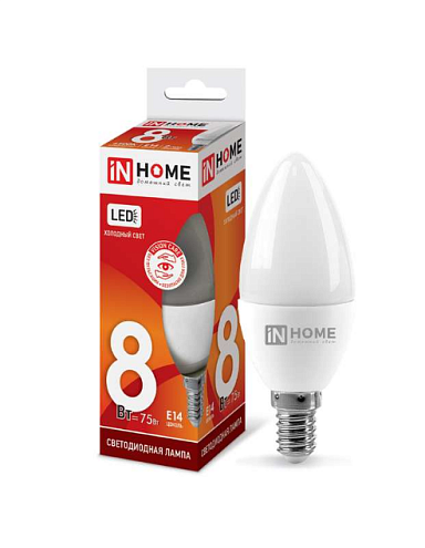 Лампа светодиодная LED-СВЕЧА-VC 8Вт 230В E14 6500К 720лм IN HOME 4690612024806: фотография 1
