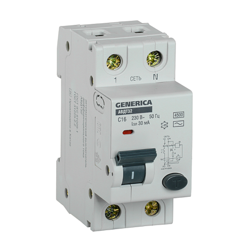 Выключатель автоматический дифференциального тока 2п C 16А 30мА тип AC 6кА АВДТ 32 C16 GENERICA MAD25-5-016-C-30: фотография 1