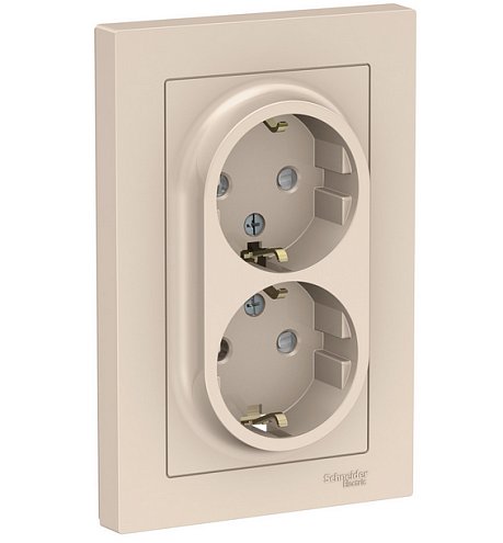 Розетка 2-м ATLAS DESIGN с заземл. защ. шторки 16А в сборе беж. SchE ATN000226: фотография 1