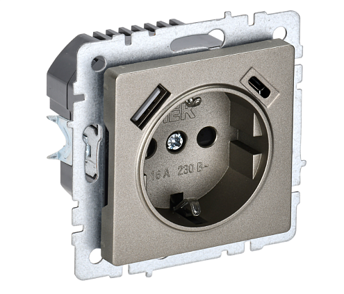 Розетка 1-местная BRITE РЮш11-1-БрШ с заземлением с защитными шторками 16А с USB A+C 18Вт механизм шампань IEK BR-R14-16-U22-018-K37: фотография 1