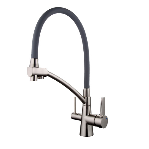 Смеситель для кухни 35к G4398 GAPPO гибкий излив, с вых. для питьевого фильтра, СЕРЫЙ-сатин: фотография 1