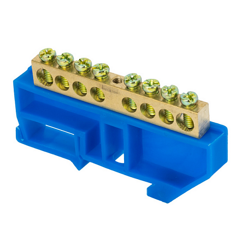 Шина нулевая N 6х9 8 отверстий синий изолятор на DIN-рейку латунь розн. стикер PROxima EKF sn0-63-08-d-r: фотография 1