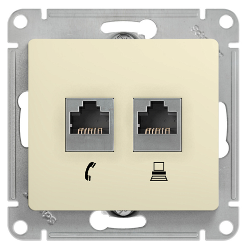 Розетка компьютерная + телефонная двойная Glossa RJ45 + RJ11 кат.5E механизм бежевый Systeme Electric GSL000285: фотография 1