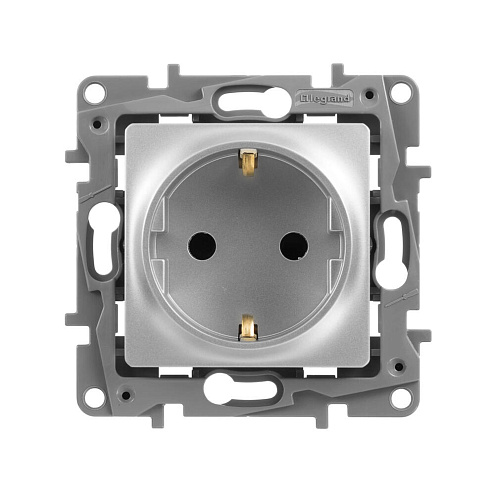 Механизм розетки 1-м СП Etika 2К+З защ. шторки алюм. Leg 672422: фотография 1