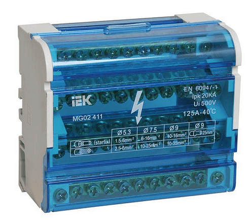 Шина на DIN-рейку в корпусе (кросс-модуль) ШНК 4х11 3L+PEN IEK YND10-4-11-125: фотография 1