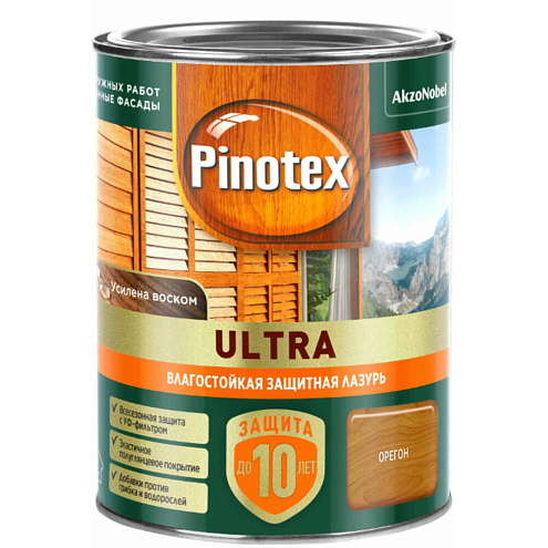 Влагостойкая лазурь с воском для дерева Pinotex Ultra орегон 0,9л: фотография 1