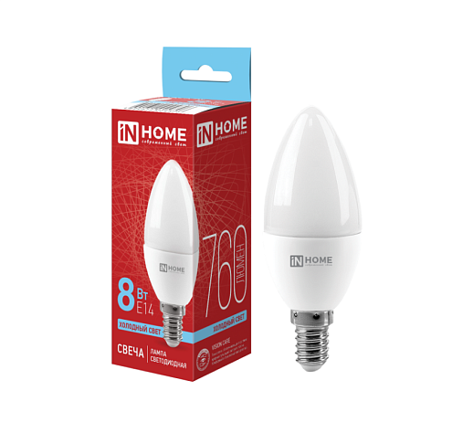 Лампа светодиодная LED-СВЕЧА-VC 8Вт 230В Е14 6500К 760Лм IN HOME 4690612024806: фотография 1