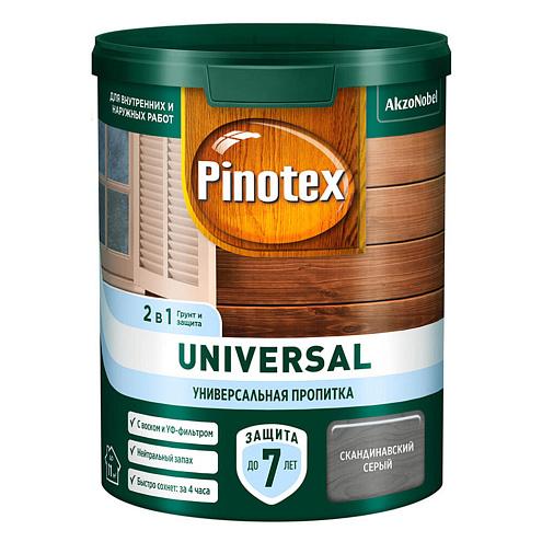 Пропитка Pinotex Universal 2в1, с воском и УФ-фильтром, для наружных и внутренних работ, Сканди серый 0,9л: фотография 1