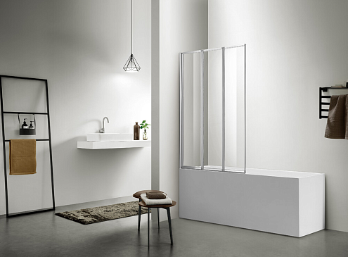 Шторка для ванны SANTREK AQUA Slim SD3-1000-С- White складная, три секции, 1000х1400 стекло прозрачное 4мм, профиль  Белый: фотография 1