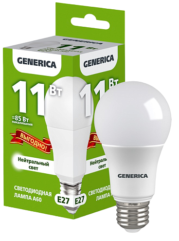 Лампа светодиодная A60 груша 11Вт 230В 4000К E27 ПРОМО GENERICA LL-A60-11-230-40-E27-G: фотография 1