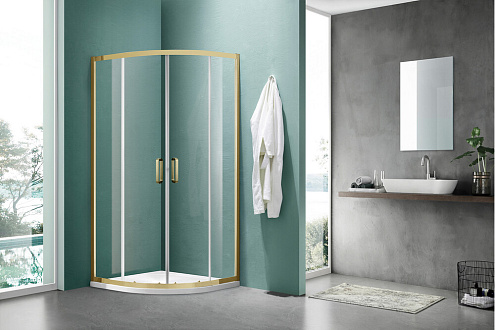 Душевое ограждение SANTREK AQUA Iris-R-900-C- Brushed Gold 900х900х1850 радиус, стекло прозрачное 6мм, профиль Брашированное золото: фотография 1