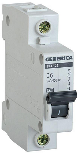 Выключатель автоматический модульный 1п C 6А 4.5кА ВА47-29 GENERICA IEK MVA25-1-006-C: фотография 1