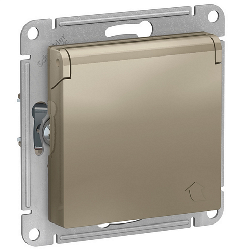 Механизм розетки 1-м СП ATLAS DESIGN с заземл. защ. шторки с крышкой 16А IP20 шампань SchE ATN000546: фотография 1