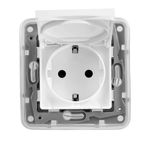 Механизм розетки 1-м СП Etika с защ. крышкой защ. шторки с заземл. IP44 бел. Leg 672232: фотография 1