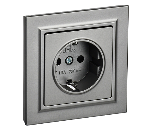 Розетка 1-местная BRITE РСР14-1-0-БрС с заземлением с защитными шторками 16А в сборе сталь IEK BR-R14-16-K46-F: фотография 1