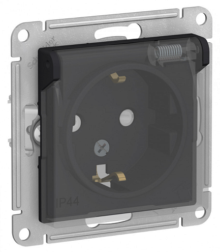 Розетка AtlasDesign Aqua 16А IP44 с заземлением защитные шторки с прозрачной крышкой механизм карбон Systeme Electric ATN441046: фотография 1