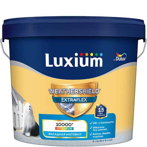 Краска Luxium Weathershield Extraflex Фасадная для минеральных, деревянных и ПВХ поверхностей, матовая BW 5л: фотография 1