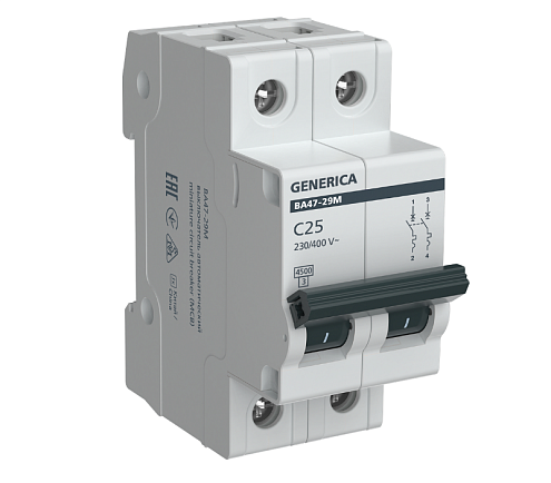 Выключатель автоматический модульный 2п C 25А 4.5кА ВА47-29М GENERICA MVA21-2-025-C-G: фотография 1