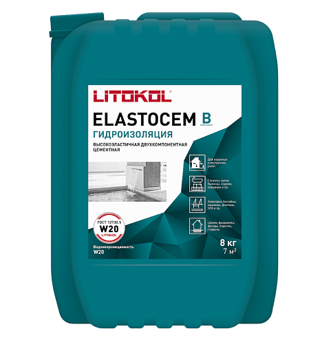 Эластичная гидроизоляция ELASTOCEM (А+B) компонент B канистра 8кг: фотография 1